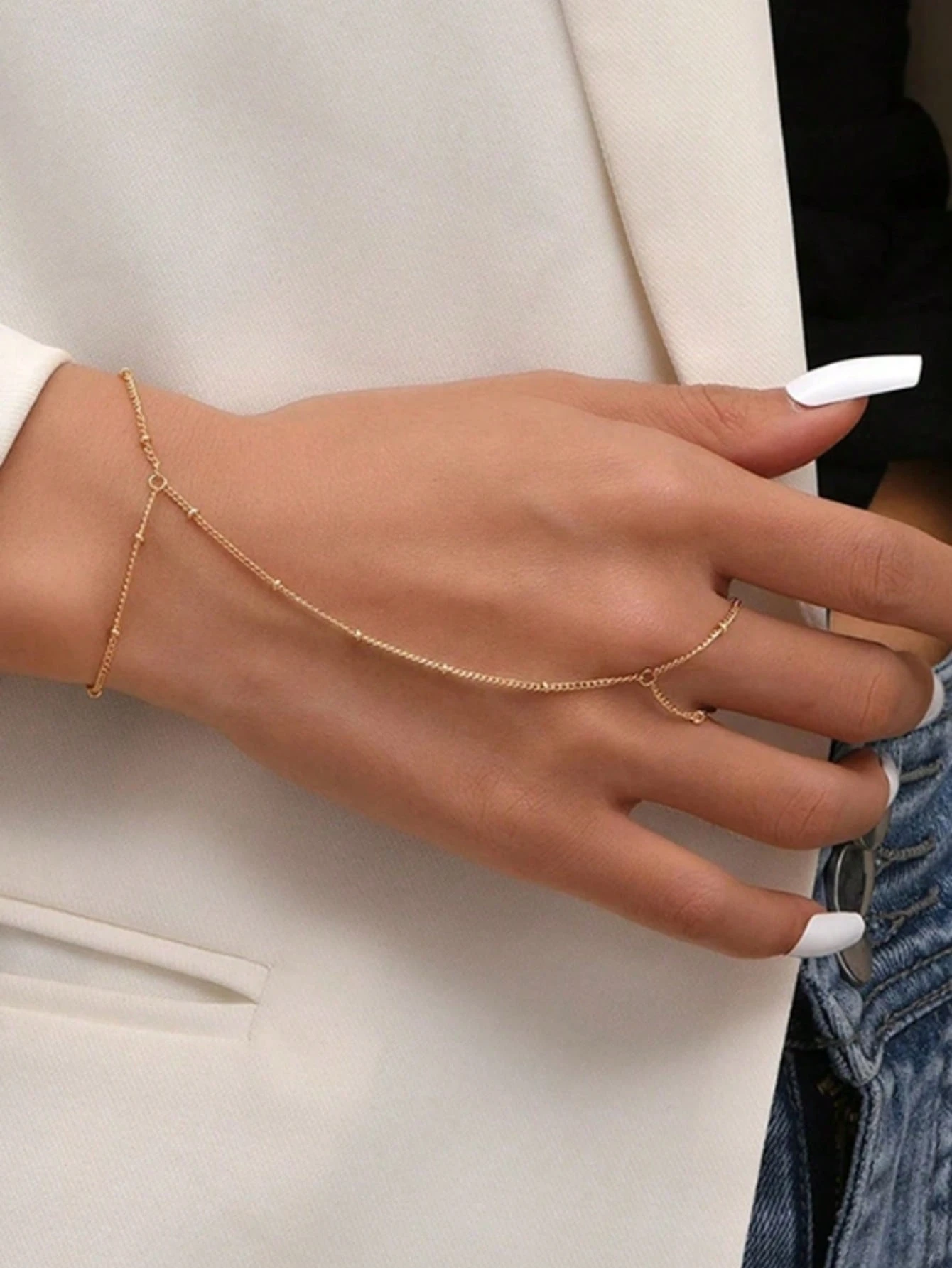 1 Piece Elegant Faux Pearl Chain Finger Ring for Women