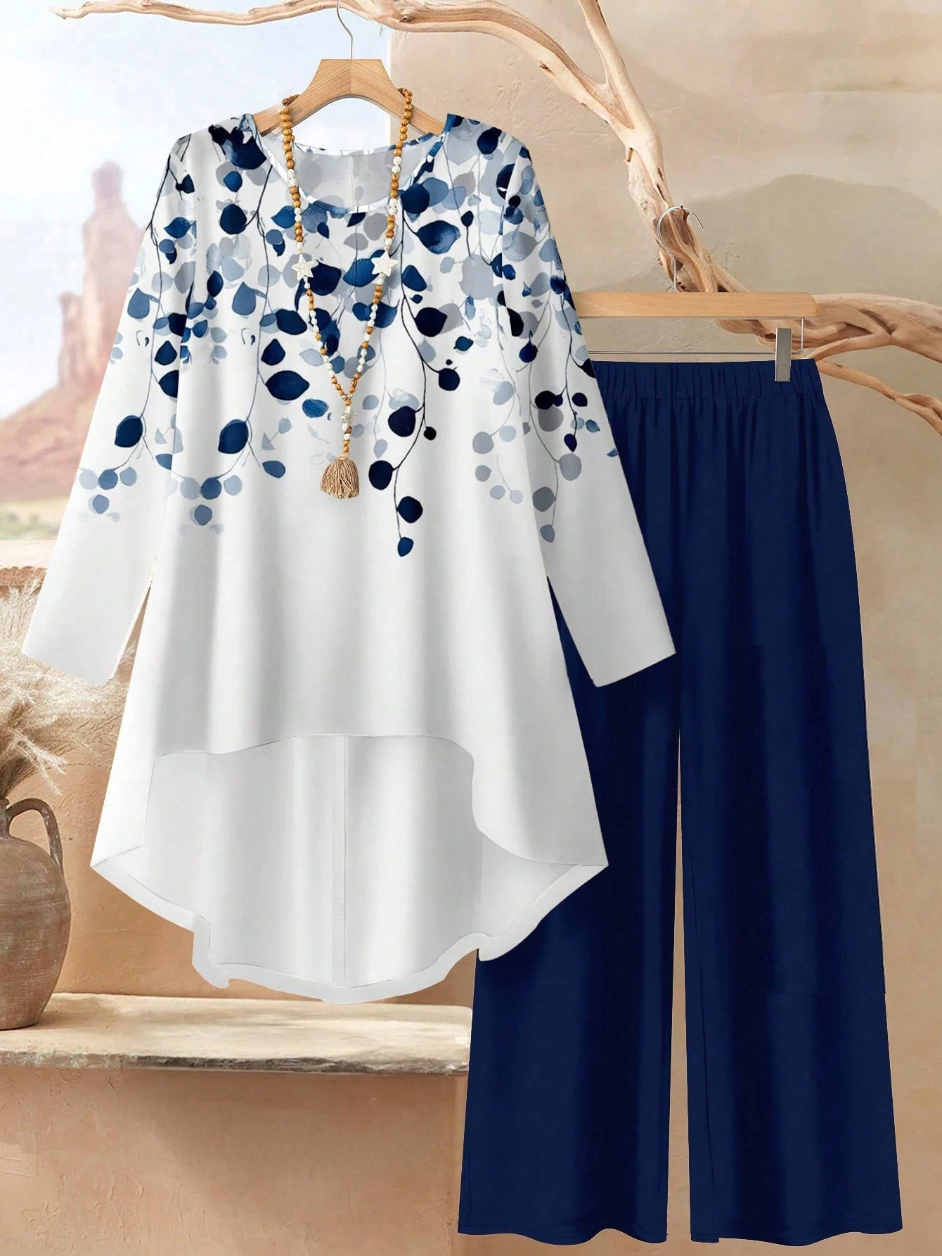 Women's Two-Piece Set with Printed Top and Wide-Leg Pants