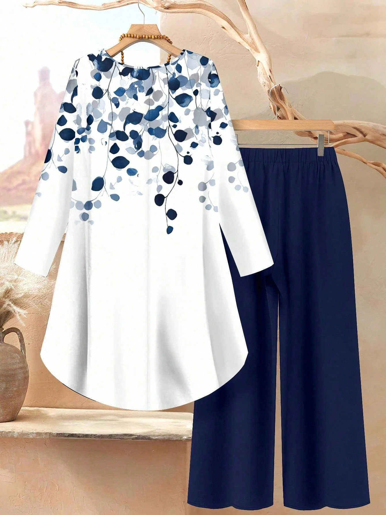 Women's Two-Piece Set with Printed Top and Wide-Leg Pants