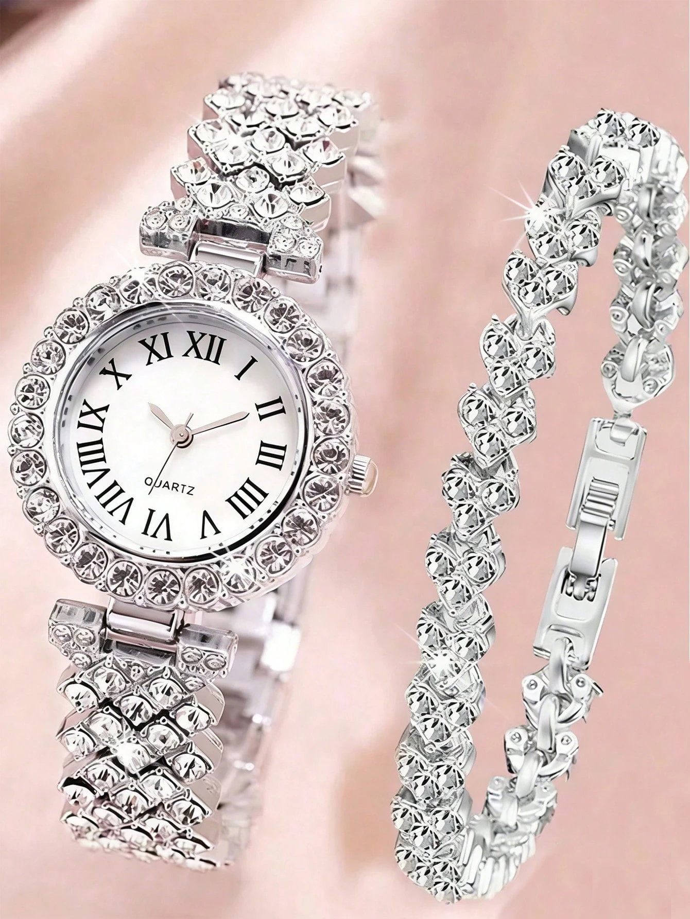 Women's watch with Roman numeral dial and accessory set
