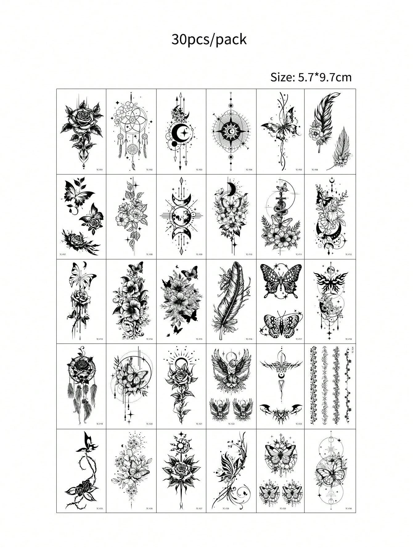 (30 pieces/set) Creative multi-element temporary tattoos in black