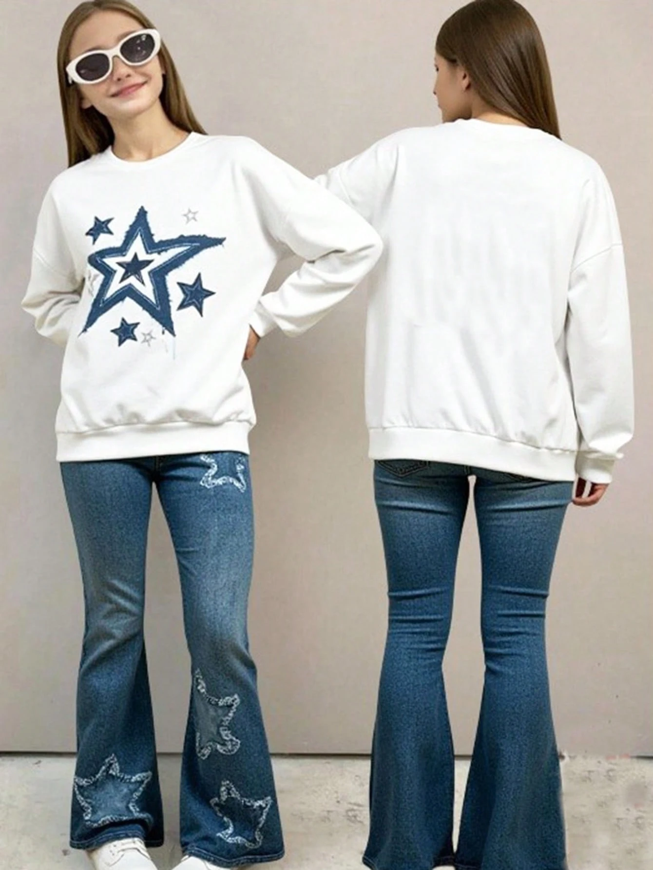 Teen Girls Color Block Denim Top and Star Print Jeans Set