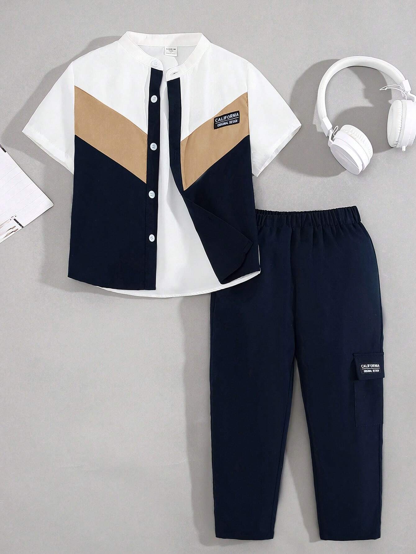 A casual short-sleeved shirt and straight-leg pants set